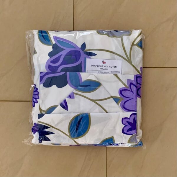 Drap de lit fleuri bleu violet + 2 taies